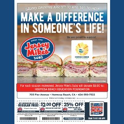 Jersey Mike\'s Subs HB Coupons Flyer - April 5-14 - Donate $2.00 to HBEF for each coupon redeemed